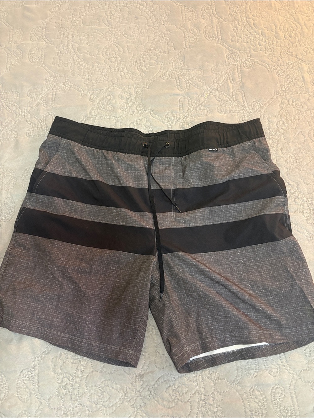 Hurley Black and Gray Stripe Swim Board Shorts